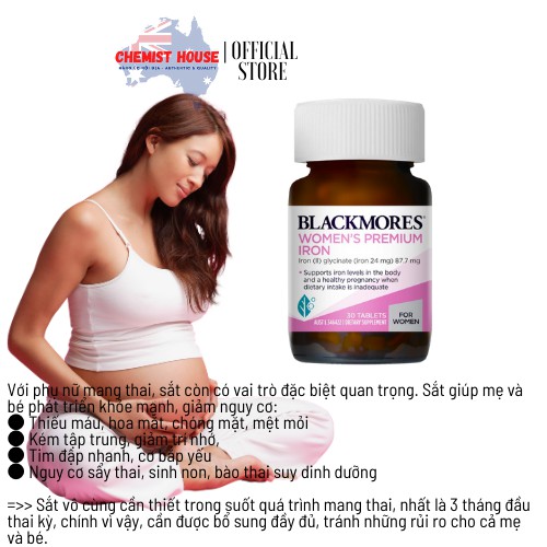 [Hàng chuẩn ÚC] Blackmores Pregnancy Iron - Viên uống bổ sung sắt cho mẹ bầu 30 Viên DATE 2022, MẪU MỚI