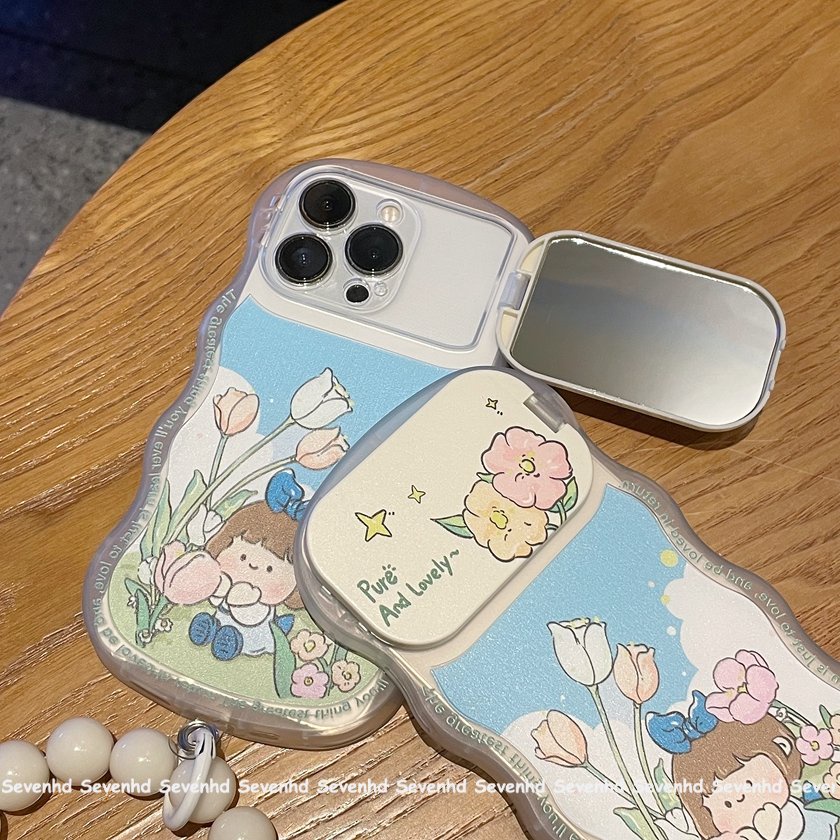 Ốp Điện Thoại Mềm Họa Tiết Cô Gái Hoạt Hình Gắn Gương Trang Điểm Cho iPhone 14 13 12 11 Pro Max Xs Max Xr X