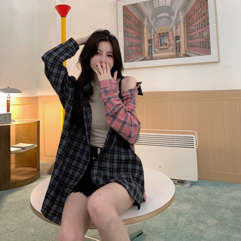 SUXI Áo Sơ Mi Caro Tay Dài Dáng Rộng Phong Cách Vintage Cho Nữ