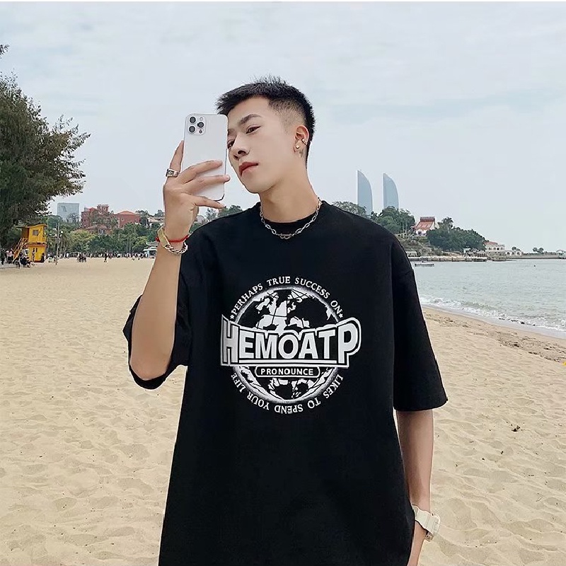 Áo thun tay ngắn dáng rộng in chữ phong cách Hàn Quốc thời trang cho nam size M-5XL