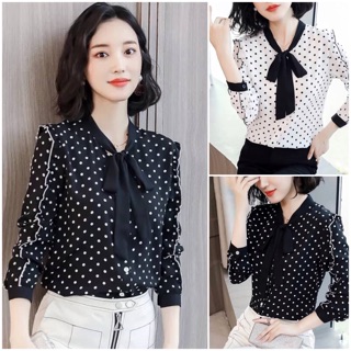 Bán Sỉ Áo sơ mi chấm bi nơ cổ phối bèo tay thiết kế SMCC24