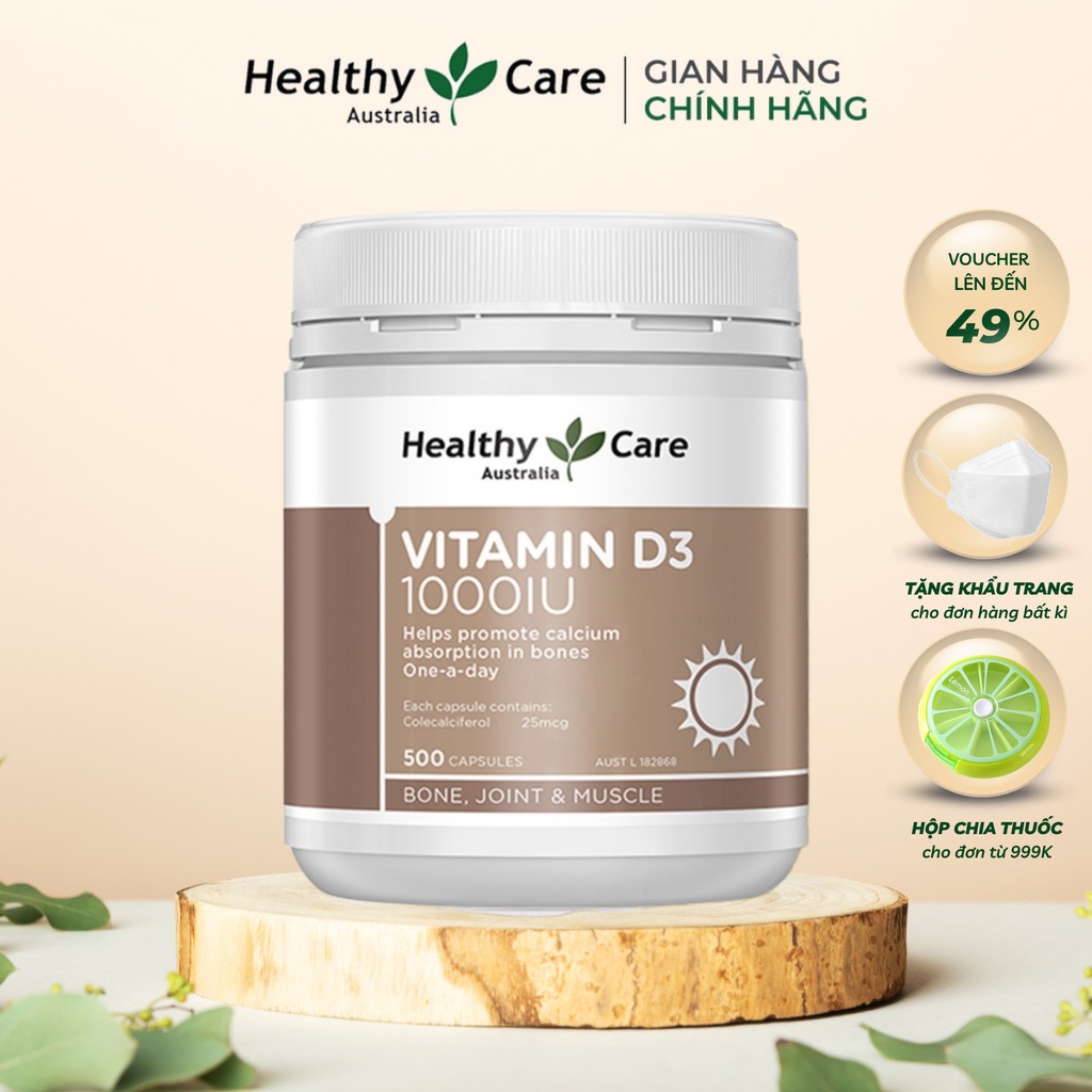 Viên uống Vitamin D 1000IU Healthy Care giúp tăng sức đề kháng, bổ sung canxi 500 viên