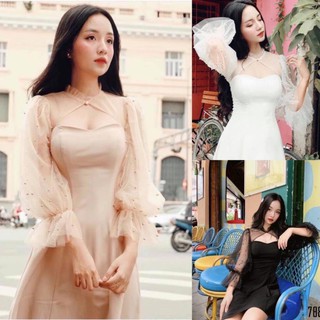 Đầm xoè công chúa tay lưới đính ngọc sang trọng .