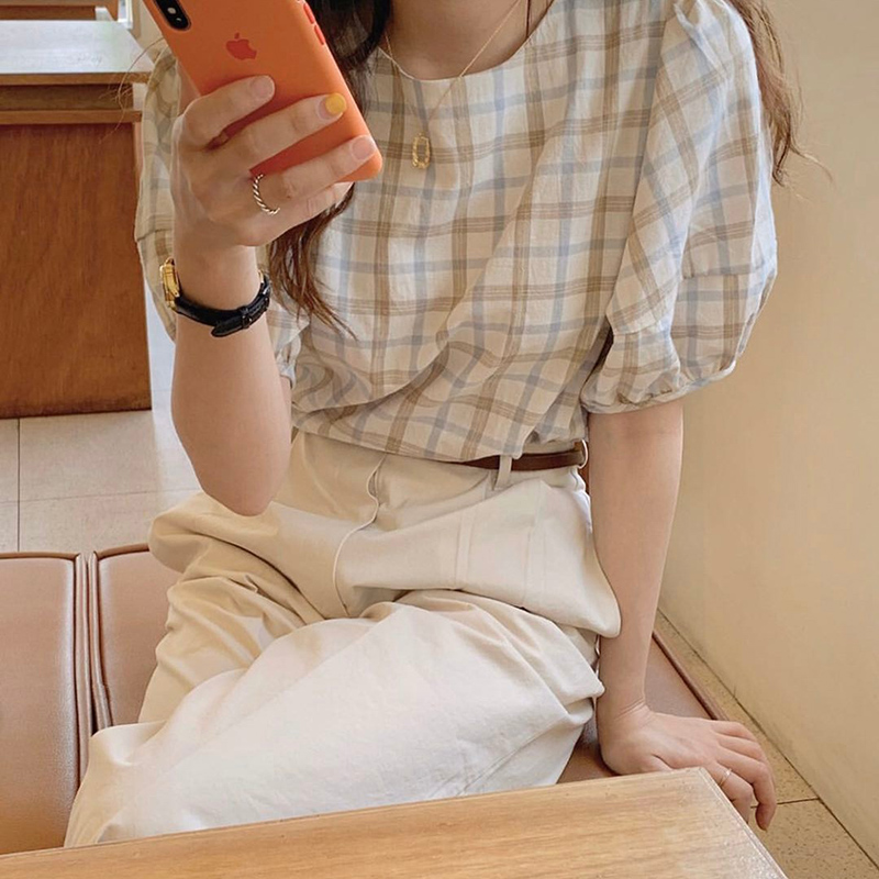 IELGY Áo Sơ Mi Tay Phồng Cổ Tròn Họa Tiết Kẻ Sọc Đơn Giản Ngọt Ngào Cho Nữ