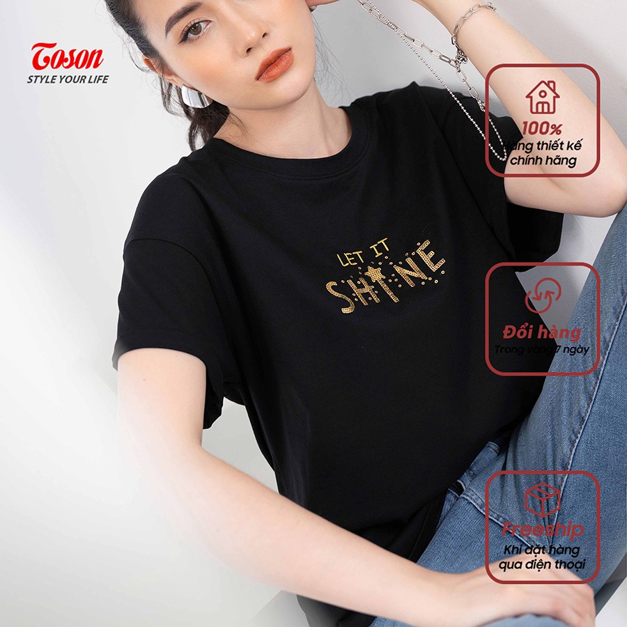 Áo T-shirt cotton from rộng tay nơ vê, ngực thêu kim sa