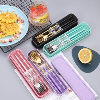 Bộ 3 MUỖNG ĐŨA NĨA INOX304 cá nhân có hộp đựng cao cấp- Hộp thìa dĩa văn phòng, du lịch tiện dụng, Màu Pastel!