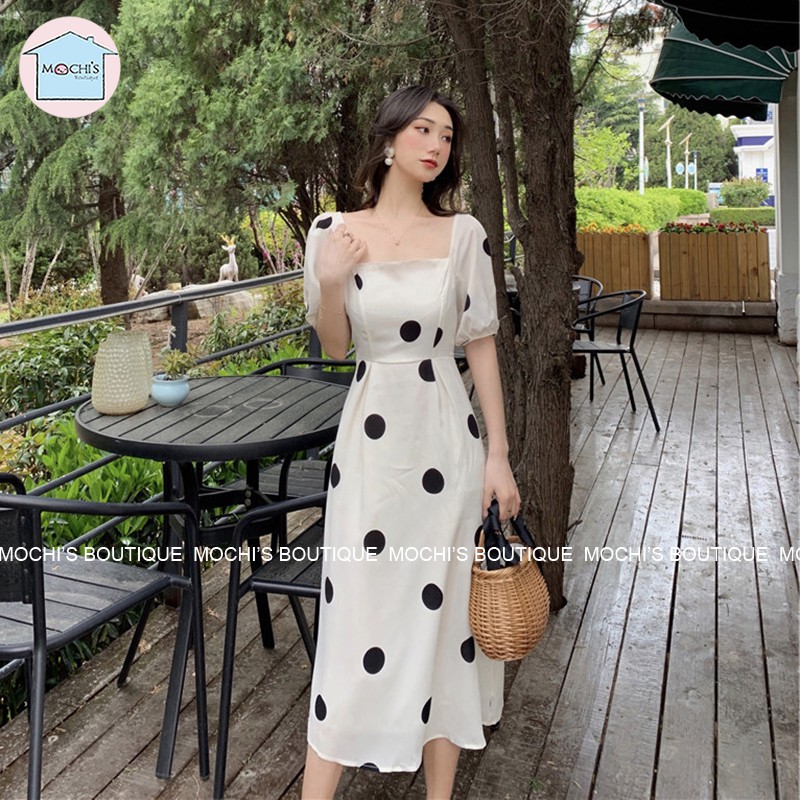 Đầm maxi cổ vuông tay phồng, mẫu maxi dáng dài qua gối họa tiết chấm bi to mới lạ, kiểu dáng đơn giản hiện đại- M064 | BigBuy360 - bigbuy360.vn