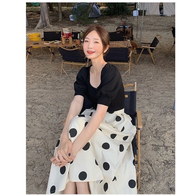 Áo dệt kim tay ngắn cổ vuông thiết kế mới thời trang mùa hè dành cho nữ