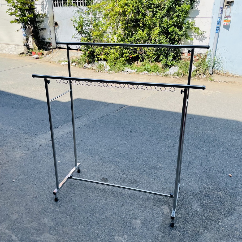 Sào phơi đồ đôi inox chắc chắn, chân vuông cao cấp, treo quần áo có khoen
