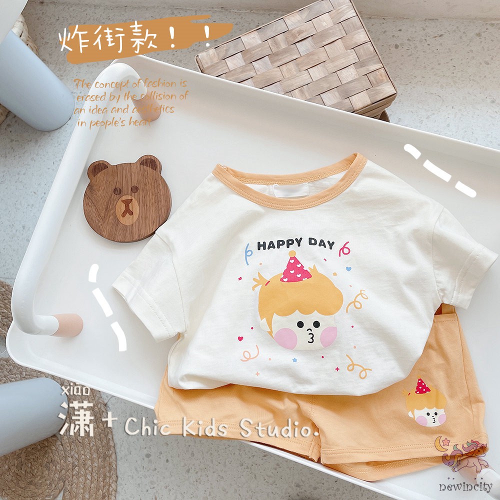 Set Áo Thun Tay Ngắn In Họa Tiết Hoạt Hình + Quần Short Năng Động Thời Trang Phong Cách Hàn Quốc Cho Bé