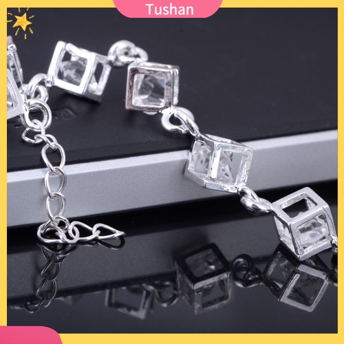 Vòng tay mạ bạc đính đá hình khối lập phương thời trang cho nữ