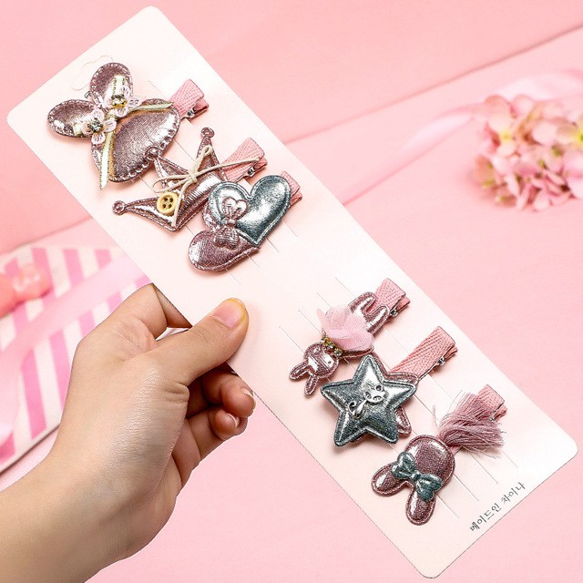 Set 6 kẹp tóc màu hồng cho bé gái style Hàn Quốc dễ thương, xinh xắn
