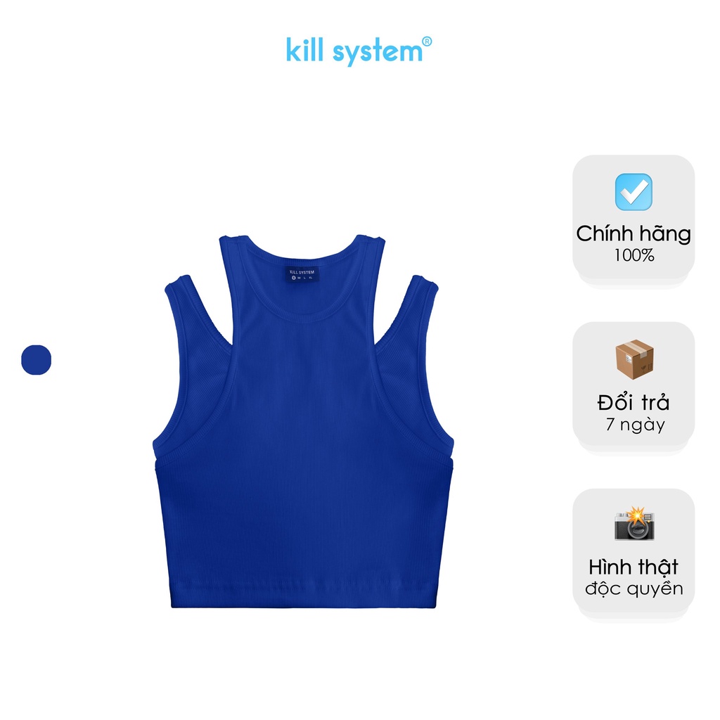 Áo ba lỗ khoét vai, croptop trơn giả hai áo, màu xanh thun gân co giãn KillSystem