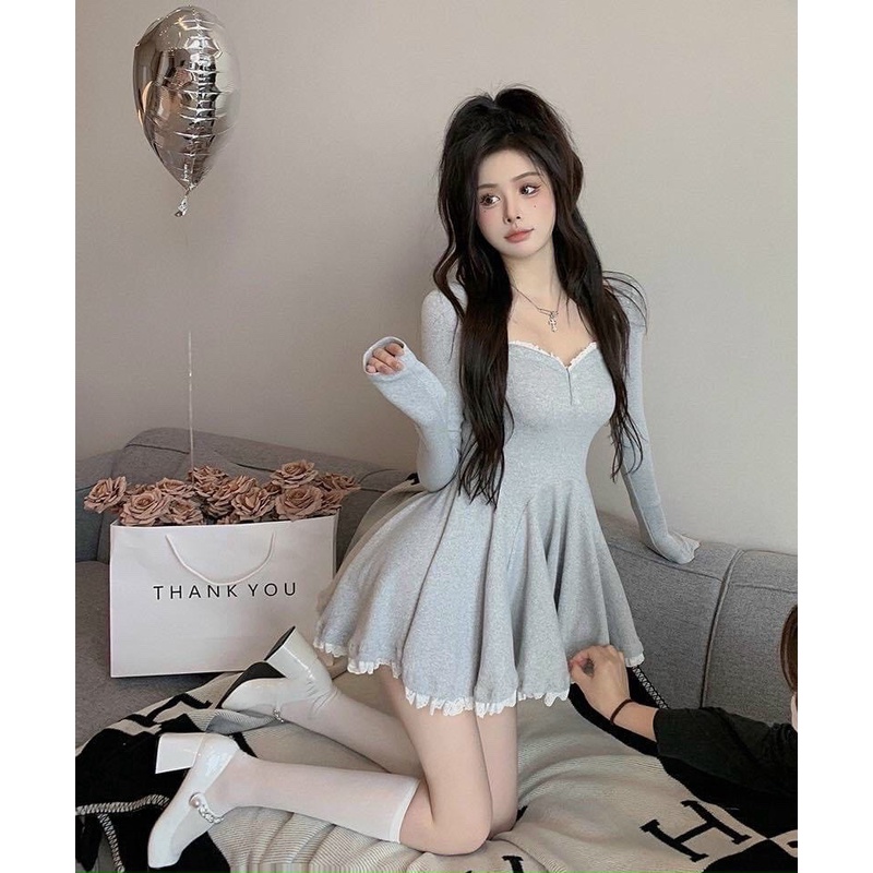 đầm gân xòe viền ren cổ vuông nút dài tay hot