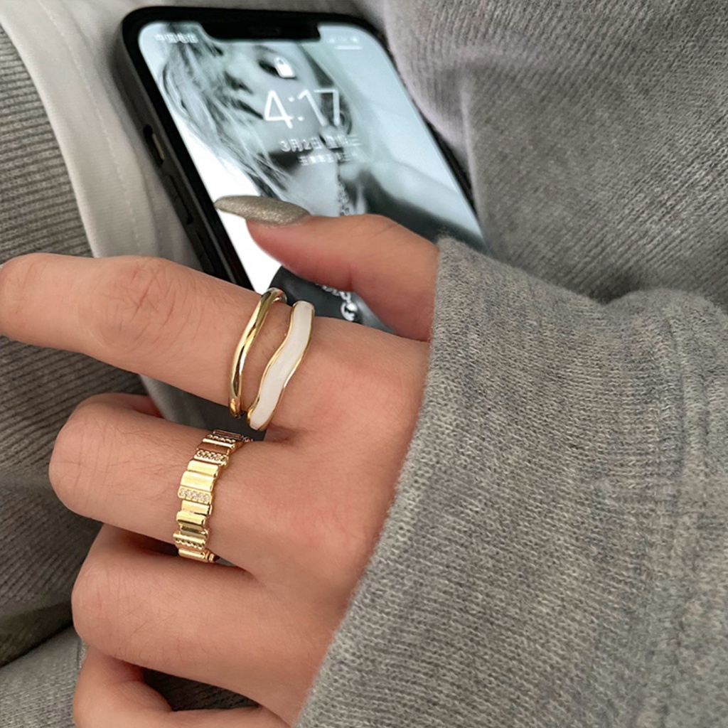 Nhẫn Đeo Tay Kim Loại Hai Lớp Đính Đá Zircon Họa Tiết Vân Đá Zircon Thiết Kế Tinh Tế Sang Trọng Thanh Lịch Có Thể Điều Chỉnh Cho Nữ