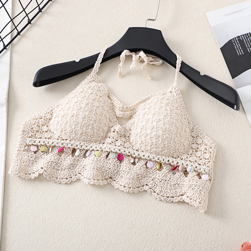 Brroa Áo Ngực Bikini Đan Móc Hoa Hồng Vỏ Sò Đính Kim Sa Tua Rua Đi Biển Cho Nữ