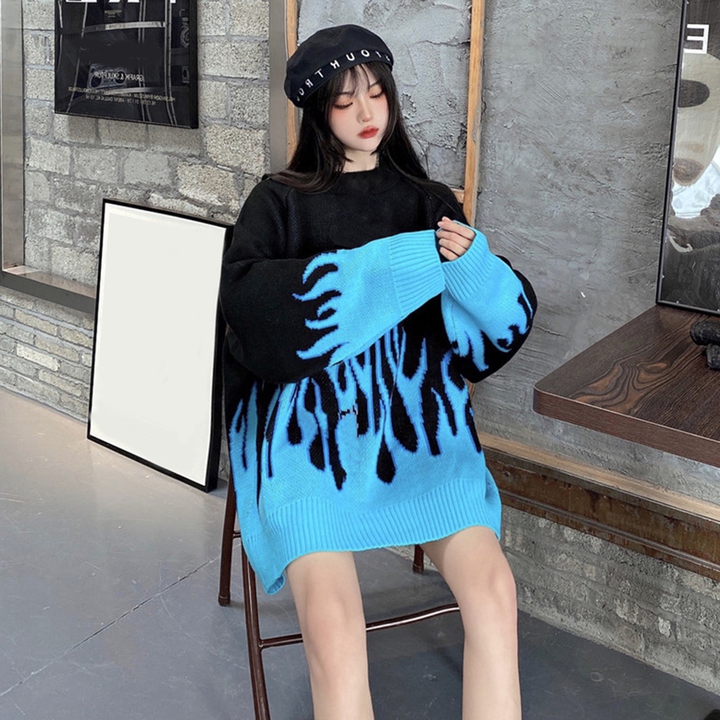 calcutta Áo sweater dệt kim chui đầu cổ tròn dáng rộng màu sắc lửa cho nữ
