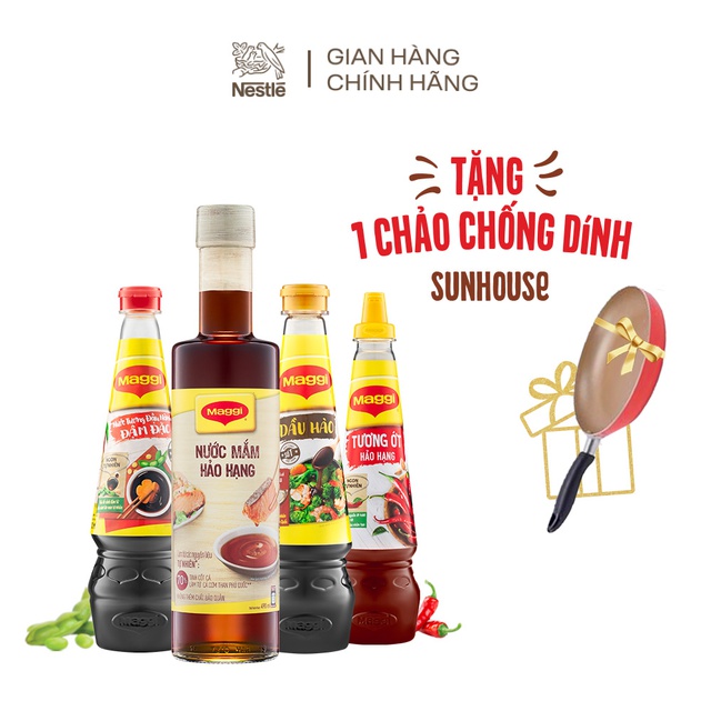 [Tặng chảo chống dính] Combo: Nước tương đậm đặc Maggi 700ml + Tương ớt 330g + Dầu hào 820g + Nước mắm Hảo hạng 490ml