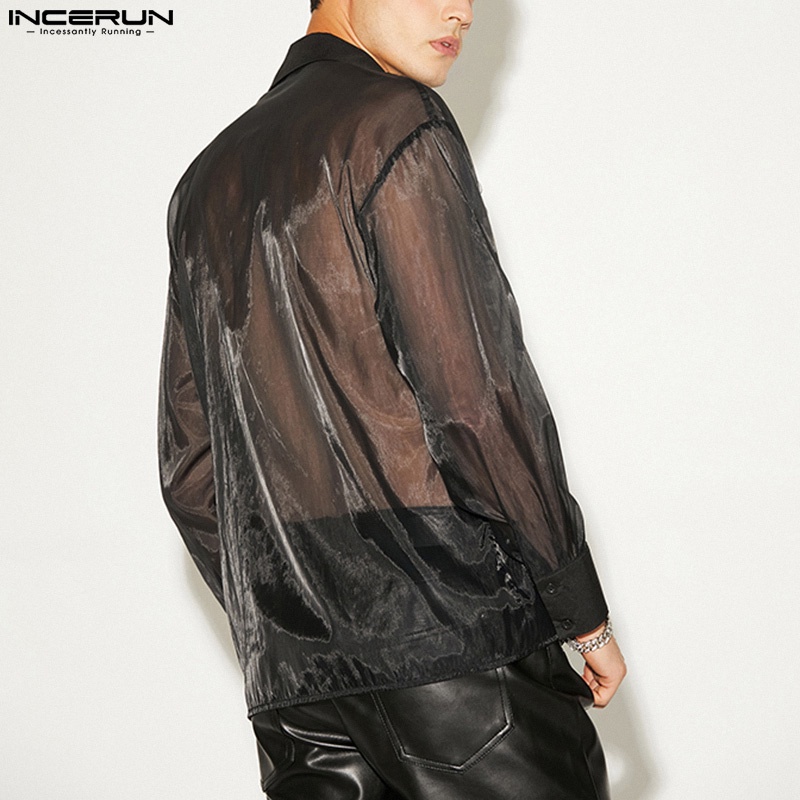 INCERUN Áo Sơ Mi Tay Dài Dáng Rộng Xuyên Thấu Phối Bèo Màu Đen Thời Trang Cho Nam