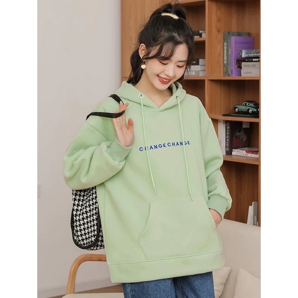 Áo Hoodie Nỉ Bông Tay Dài Unisex Chữ Xanh Đậu