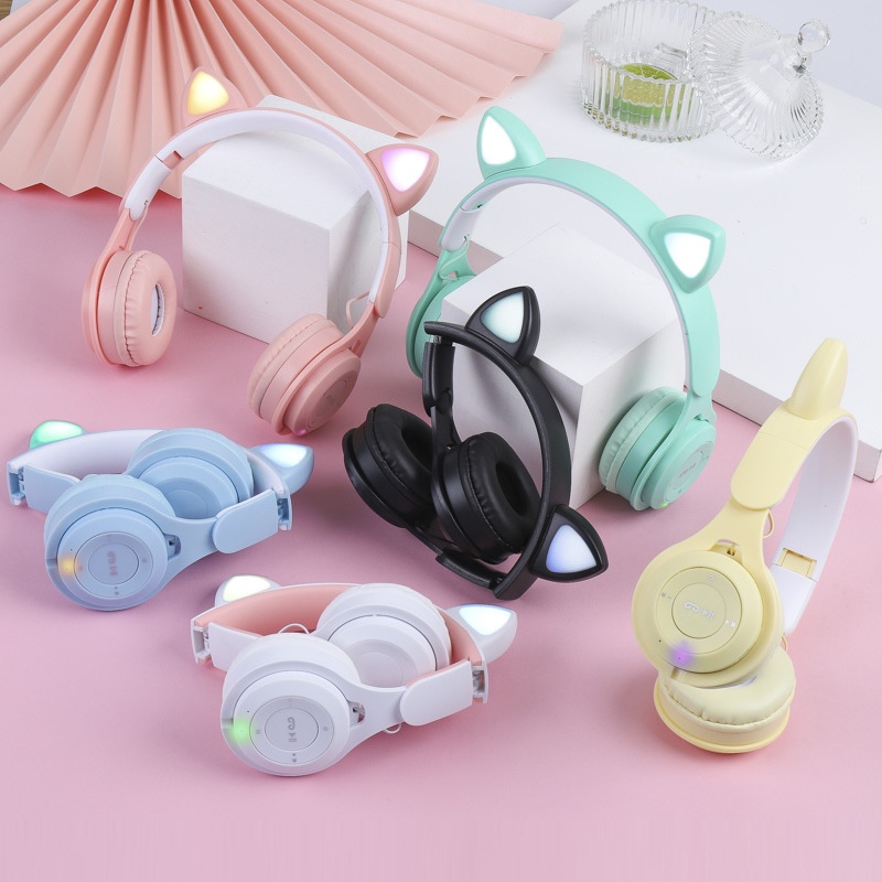 Tai nghe bluetooth chụp tai cute dễ thương Y08, Headphone có đèn led 7 màu nhấp nháy, Tai mèo có thể tắt đèn
