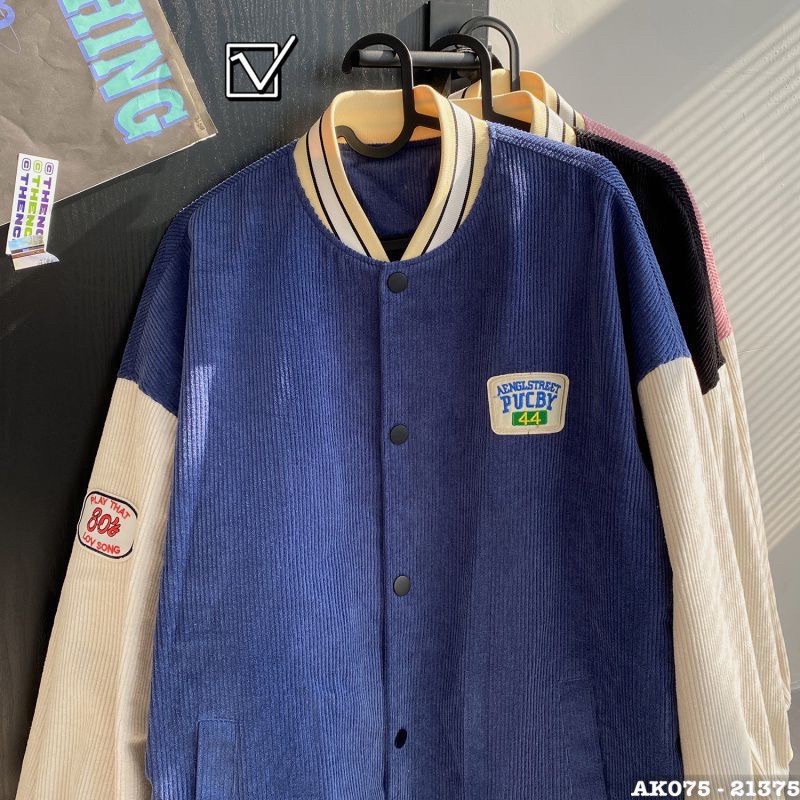 Áo khoác bomber nhung gân thêu logo puc.by 44 form rộng Couple jacket Varsity Graffiti