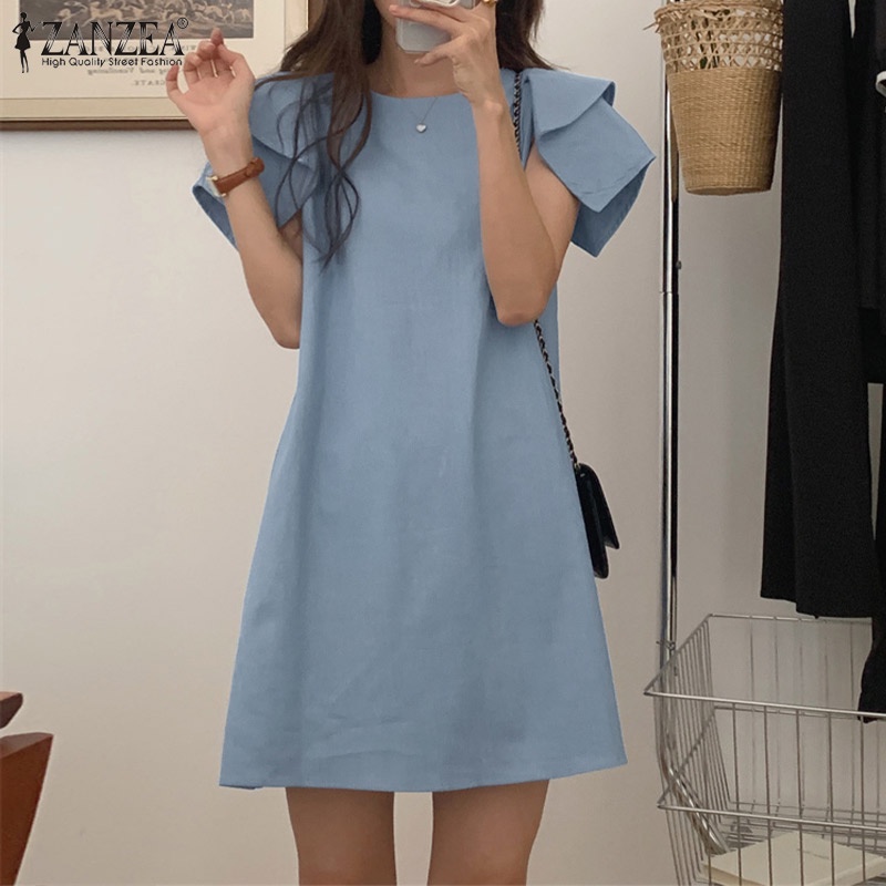 Đầm ZANZEA dáng chữ A ngắn tay cổ tròn dáng rộng thời trang