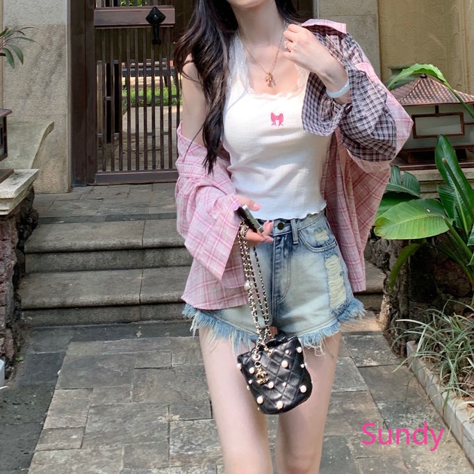 Áo Hai Dây Phối Ren In Họa Tiết Thắt Nơ Đáng Yêu Quyến Rũ Cho Nữ