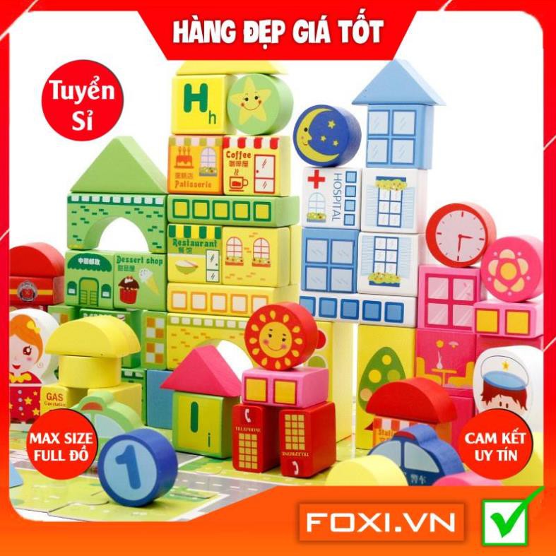 Bộ xếp hình khối mô hình thành phố thu nhỏ bằng gỗ-Có tranh ghép nền-Giúp bé tăng khả năng sáng tạo-Rèn luyệnsự khéo léo