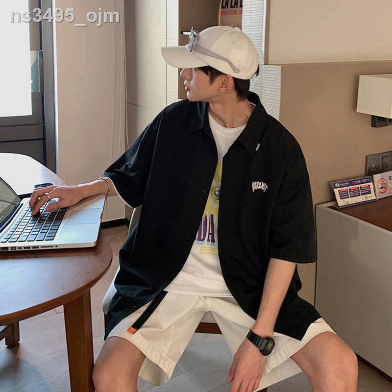 Sáng tạo Facebook áo sơ mi nam ngắn tay phiên bản Hàn Quốc của xu hướng hàng hiệu mùa hè cỡ lớn nửa rộng rãi