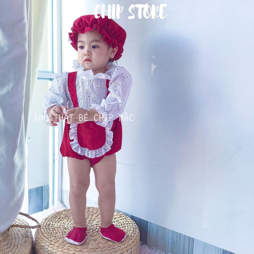 Body bé gái dài tay màu đỏ phối trắng CHIP STORE Set thu đông cho bé gái diện đầy tháng Noel, Tết siêu xinh BDTD