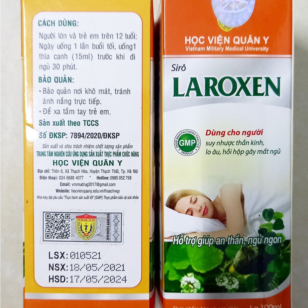 Siro thảo dược Laroxen chai 100ml học viện quân y. Giúp an thần tạo giấc ngủ ngon, ngủ sâu giấc