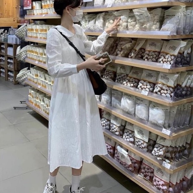 Váy Tiểu Thư Cổ Bèo Dáng Dài Babydoll Chất Đũi Màu Trắng