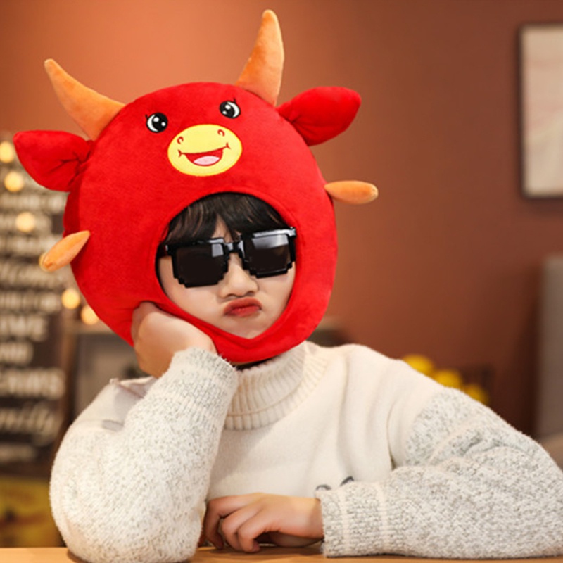 Mũ Nhồi Bông Hình Chú Bò Đỏ Ox Vui Nhộn Hóa Trang Năm Mới