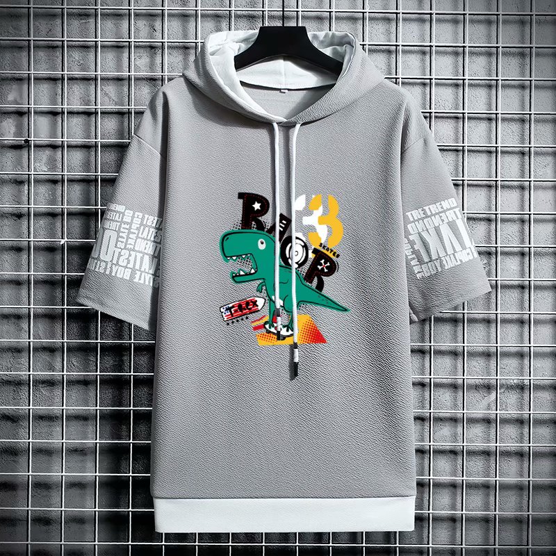 Dinosaur Print Short Sleeve Hoodie Fashion 2021 For Men
