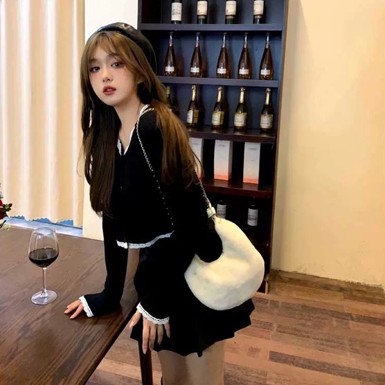 Áo len ZHELIHANGFEI tay dài lưng cao viền ren dễ phối đồ thời trang