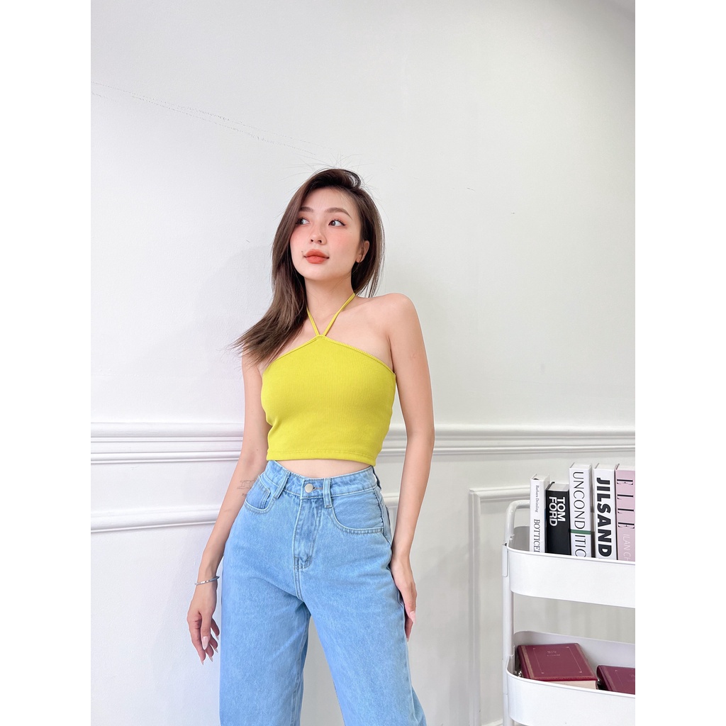 Áo Croptop Nữ Cổ Yếm Cột Dây Hoa Nhí FreesizeThun Gân LA BOUTIQUE