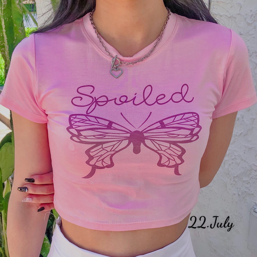 Áo croptop ôm màu hồng Pink Buterfly