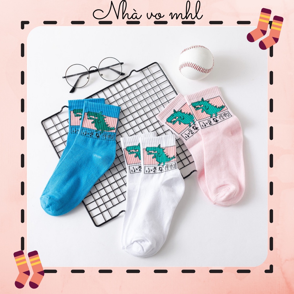 Vớ Cao Hình Dino Tất Nữ Cổ cao Màu trơn hình Cotton Ulzzang Hàn Quốc Tất Cố cao Nữ Dễ thương Nhật Bản