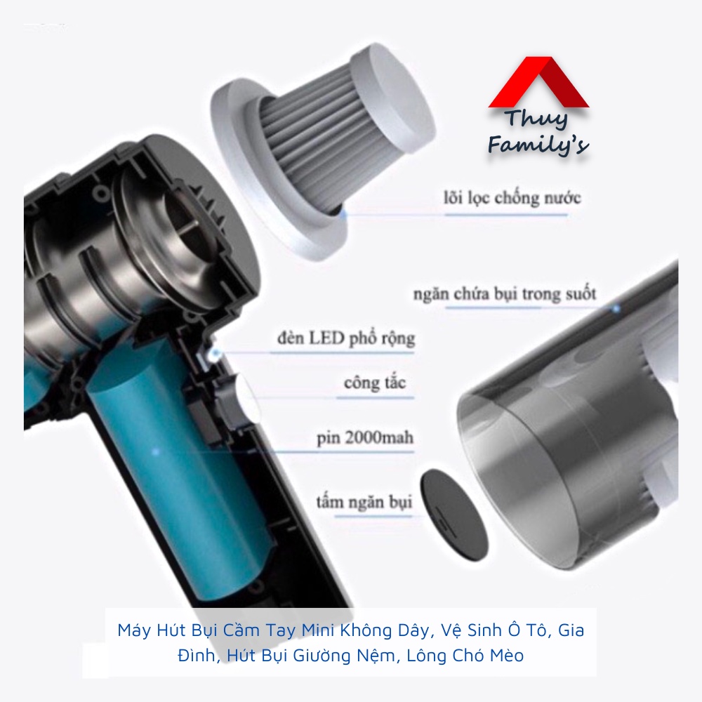 Máy hút bụi cầm tay mini không dây DHA, vệ sinh ô tô, hút bụi giường nệm, lông chó mèo