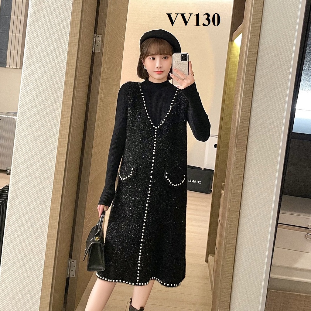 Set đầm Len Bầu Tay Dài  đính hạt hàng Quảng Châu CC siêu xinh