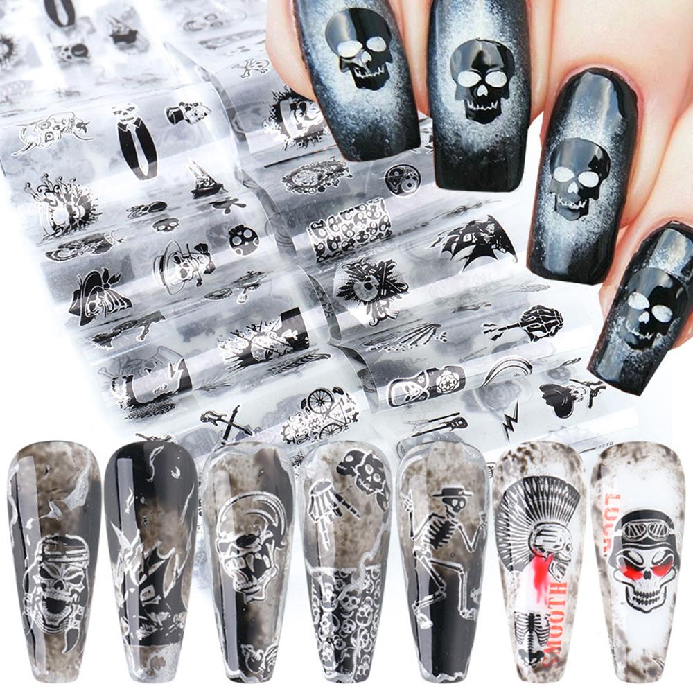 Bộ 10 Miếng Dán Móng Tay Dạng Gel Màu Đen In Họa Tiết Đầu Lâu Độc Đáo