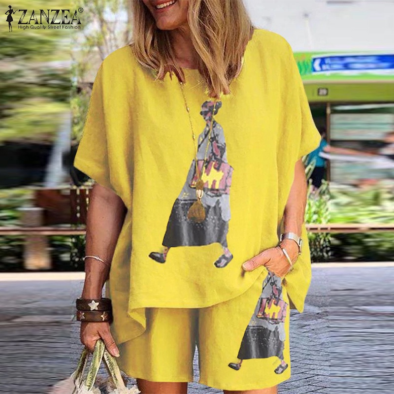 Set áo thun ngắn tay + quần short lưng cao Zanzea thời trang nữ