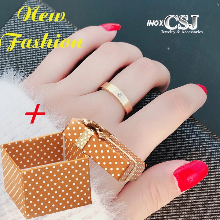 01 Nhẫn trơn inox canh vuông đính đá mạ vàng sang trọng lich lãm - tặng hộp đựng xinh xắn