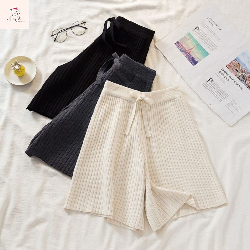 Quần đùi nữ thun len tăm ống rộng cạp chun co giãn dễ mặc thoải mái dài 45cm m052