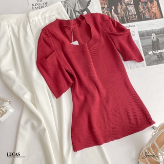 Áo len đỏ tăm cổ vuông tay bồng cộc basic