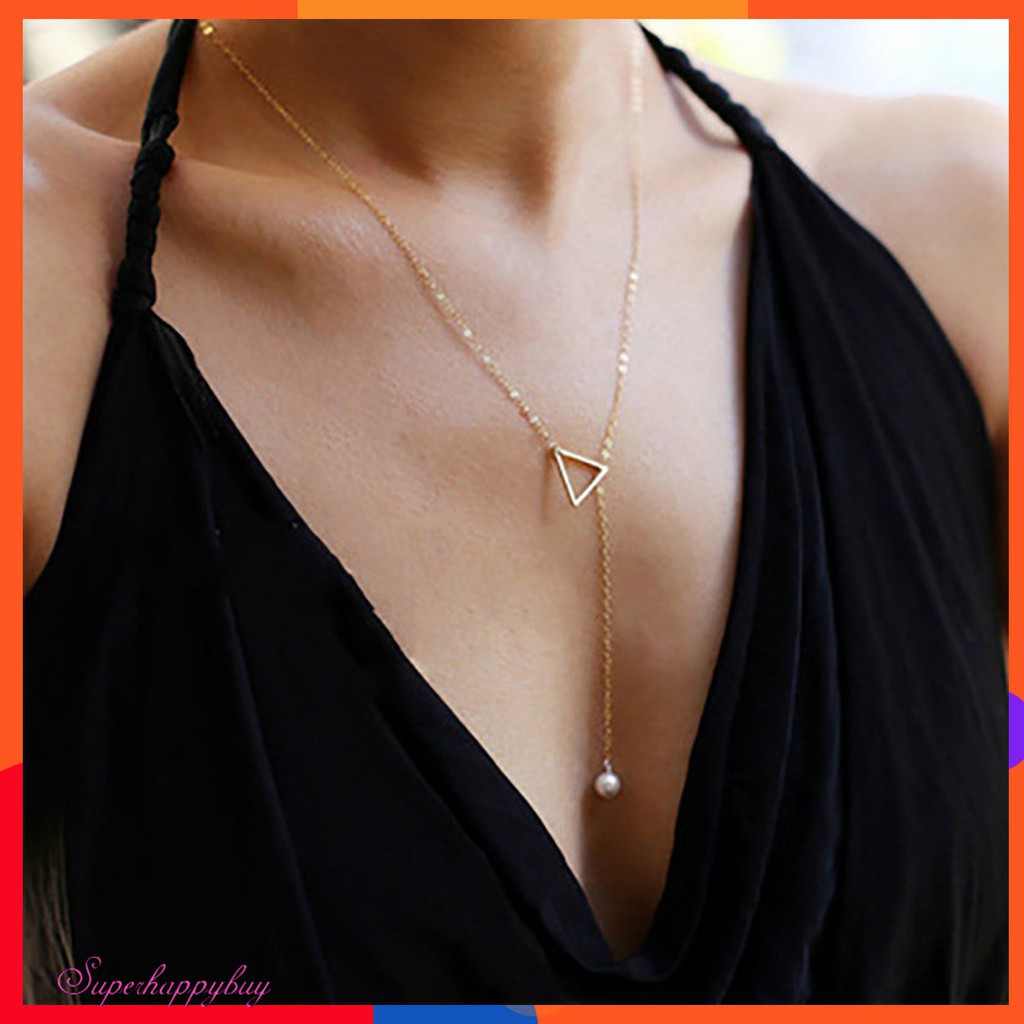 Dây chuyền mặt hình tam giác đính ngọc trai giả đơn giản thanh lịch cho nữ