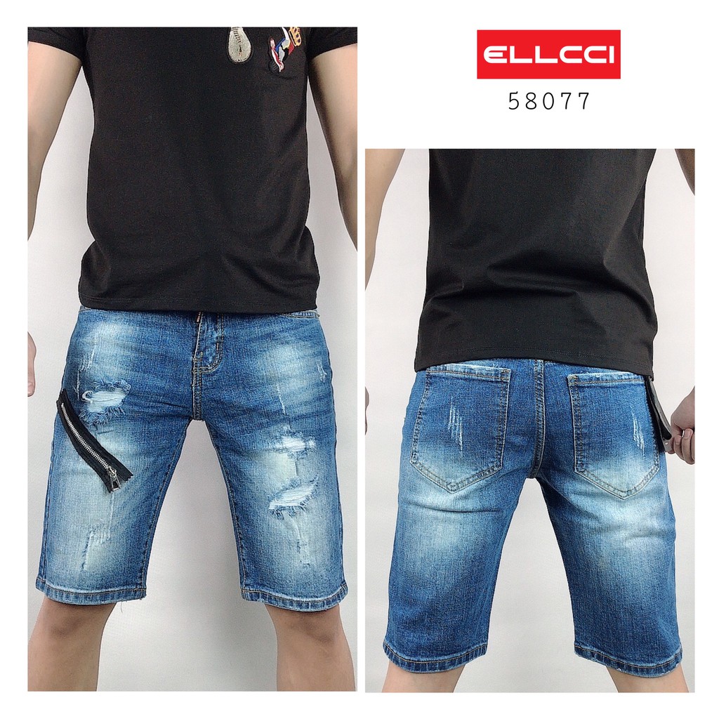 Quần jean nam ngắn cao cấp rách màu xanh đẹp và chất, shop uy tín ELLCCI-Chuyên sỉ quần bò nam ngắn, quần short jean nam