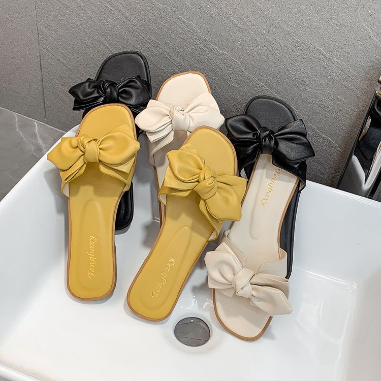 Dép IELGY đế bằng mũi vuông đính nơ thời trang Hàn Quốc mùa hè cho nữ