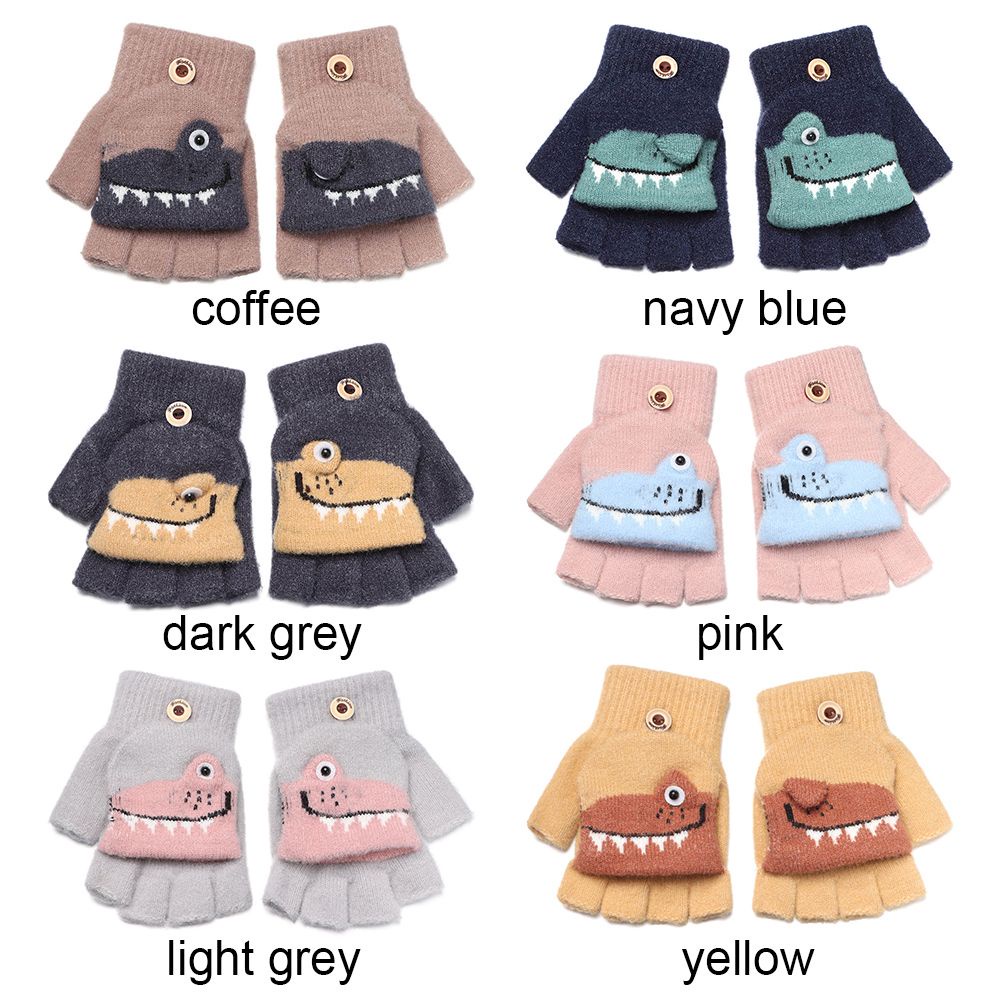 Đôi găng tay dệt kim hở ngón họa tiết khủng long dễ thương cho bé 5-12 tuổi